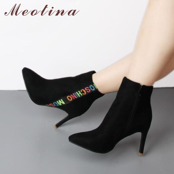 

boots meotina 2021 winter ankle women thin high heel pointed toe short fashion zipper female shoes big size 45 46, Black