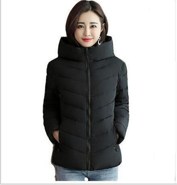 

2021 slim short jacket women solid plus size casual women's winter coat hooded stand collar cotton padded thick parka female, Black