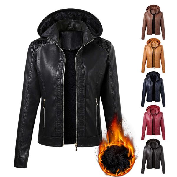

2020 plush detachable hooded pu women's leather jacket, Black