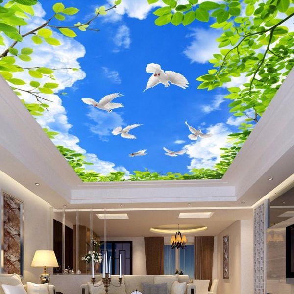 

drop shipping blue sky white clouds green leaves pigeons ceiling frescoes custom p wall paper mural natural straw wallpaper1