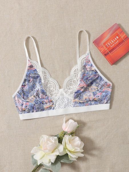 

plus paisley print contrast lace bra a3uh#, Black;white