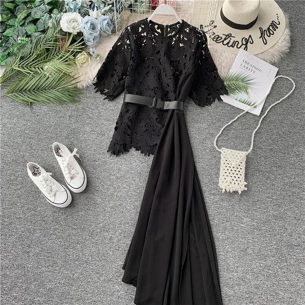 

ewq] 2021 summer new round neck lace short sleeve hollow stitching chiffon irregular ladies casual holiday dress qv1509, Black;gray