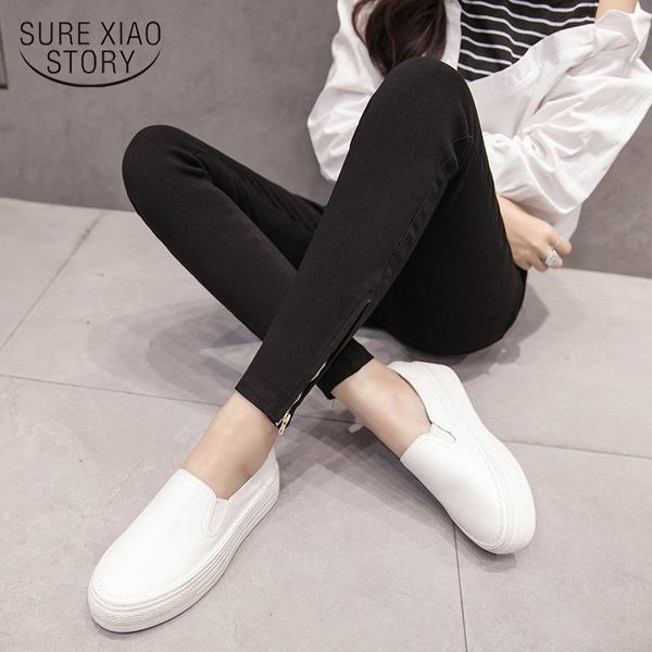 

plus size stretch outwear skinny leggings pencil pants high waist women zipper design elegant ealstic waist casual pants 7355 501, Black;white