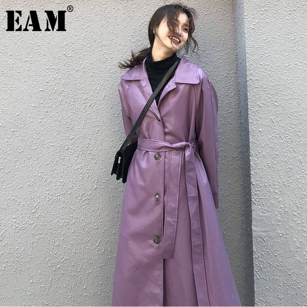 

[eam] women pu leather purple big size long trench new lapel long sleeve loose fit windbreaker fashion tide spring 1x486 201102, Tan;black