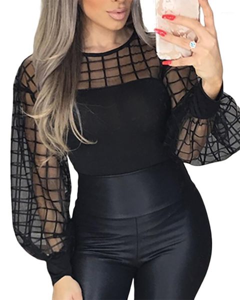 

women fashion black patchwork sheer shirt female long sleeve oversize brief sheer grid mesh yoke plus size casual blouse1, White