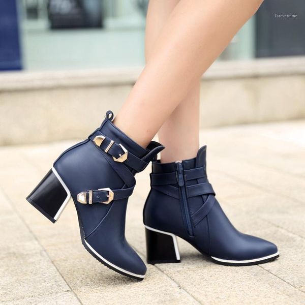 

boots large size pointed toe square heel for women fashion buckle ankle shoes zipper high woman1, Black