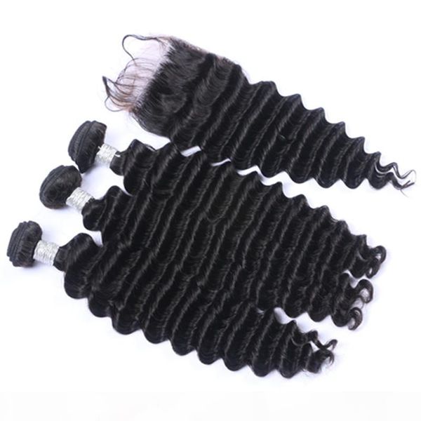 

8a grade malaysian virgin hair with closure deep wave malaysian hair 3 bundles with closure unprocessed malaysian virgin hair 4pcs, Black