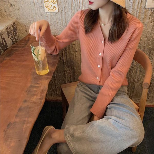 

women's knits & tees spring autumn solid color chic sweaters women korean fashion v neck long sleeve single breasted knitted cardigans, White