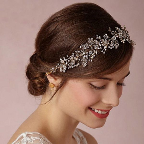

bridal shinny crystal headband tiara wedding hair accessories bead head band rhinestone headpieces with pearl ribbon mariage, Golden;silver