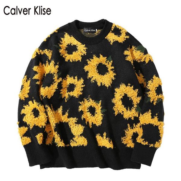 

calver klise sunflower jacquard knitted sweaters jumpers hip hop streetwear harajuku casual pullover japanese retro men knitwear, White;black