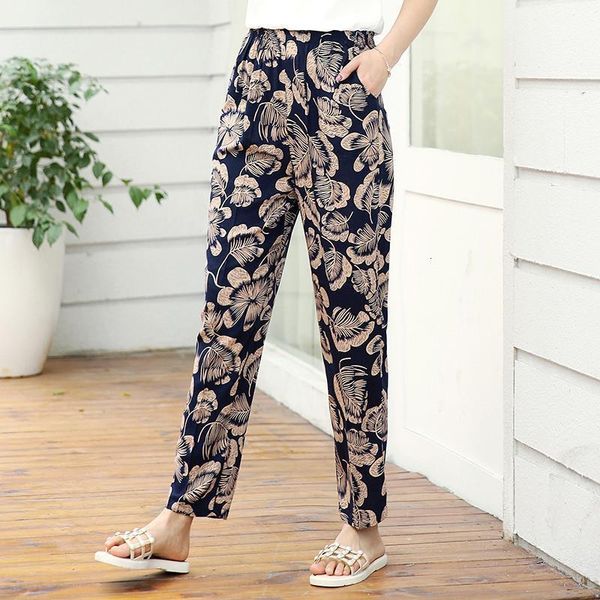 

22 colors 2020 women summer casual pencil pants xl-5xl plus size high waist pants printed elastic waist middle aged women pants, Black;white