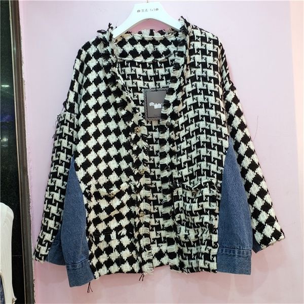 

[ewq] outerwear long sleeve plus size laides overcoats woven tweed plaid stitching denim jacket autumn winter new coats 201210, Black;brown