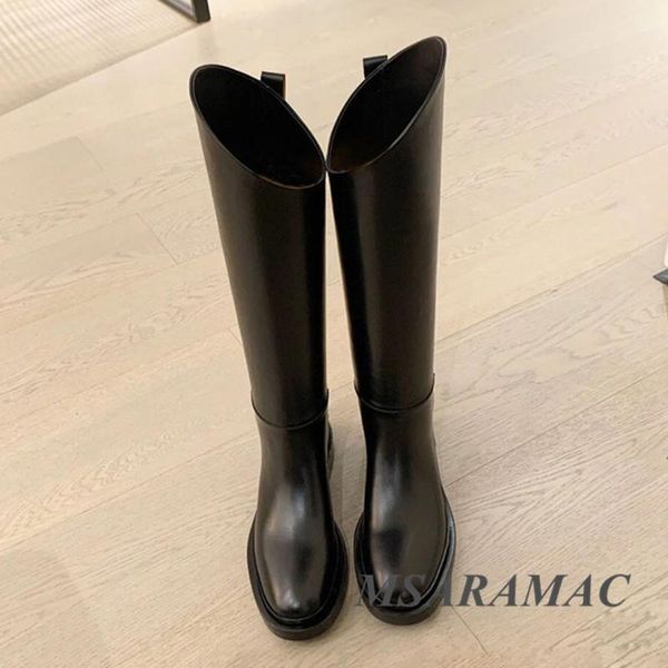

boots winter black oblique tube knee-high long leather round toe slim flat fashionable ladies all-match