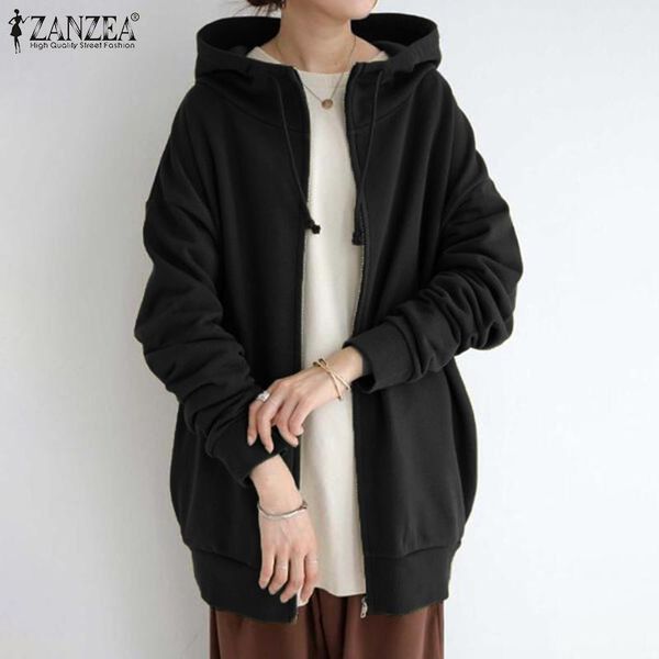 

long sleeve sweatshirt zanzea women winter warm hooded oversized zip-up drawstring baggy hoodie solid vintage coat casual jacket, Black;brown