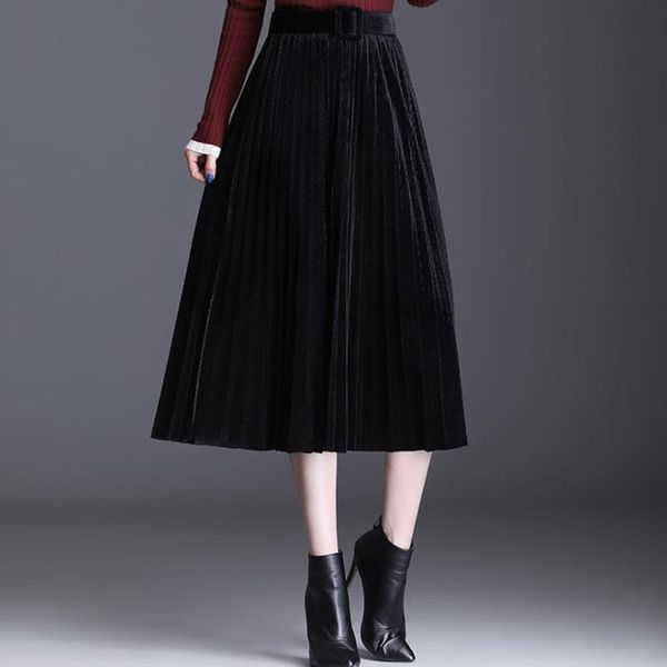 

autumn winter 2021 new woman with waist plied middle length skirt 23fk, Black