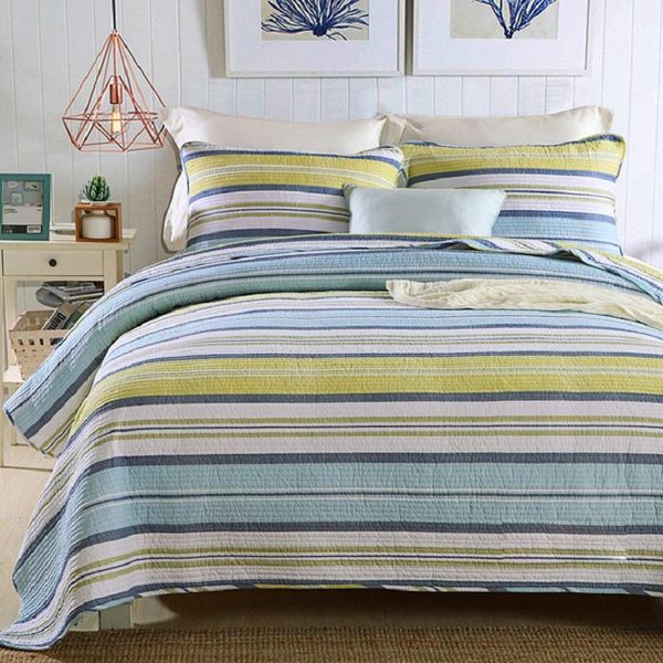 

chausub stripe quilt sets 3pcs cotton bedspread for bed and 2 pillowcase bed cover sheets queen size coverlet summer blanket