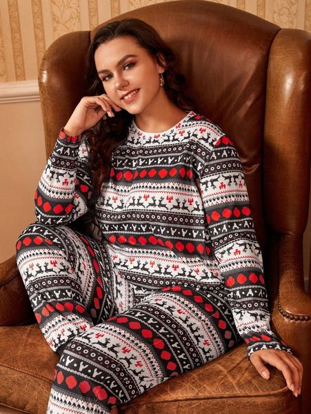 

plus christmas print pj set c30b#, Black;white