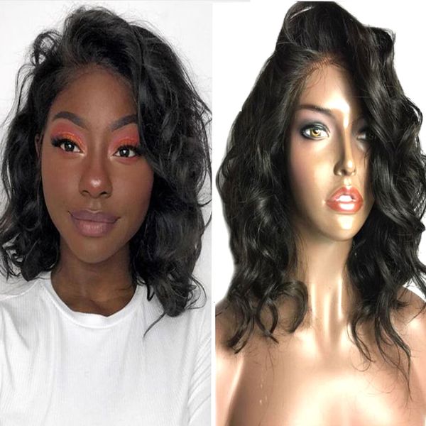 

glueless body wave lace front wigs natural color synthetic short bob wigs easy wear heat resistant fiber hair for black women, Black;brown