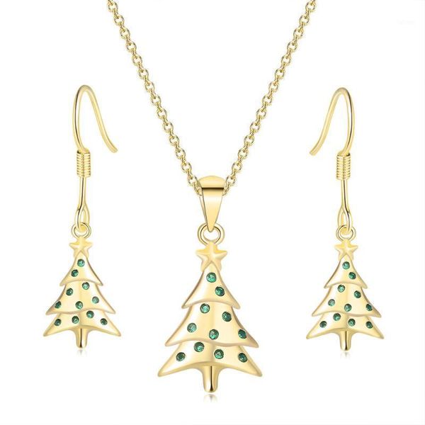 

christmas tree jewelry sets for women aesthetic cute green zircon light gold color necklace earrings xmas jewellry s5281, Silver