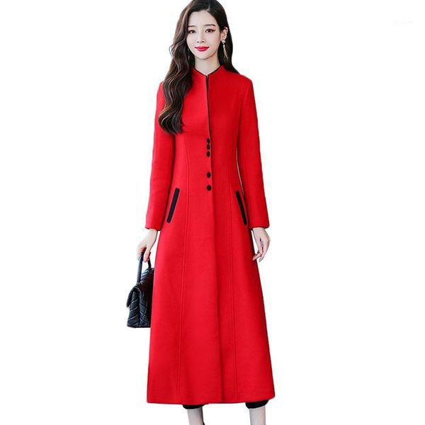 

women woolen coat autumn winter clothes new fashion stand collar single-breasted long outerwear slim red black wool coat jacket1