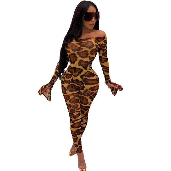 

leopard 2 two piece set women festival clothing long flare sleeve bodycon romper bodysuit with pants night club outfits, Gray