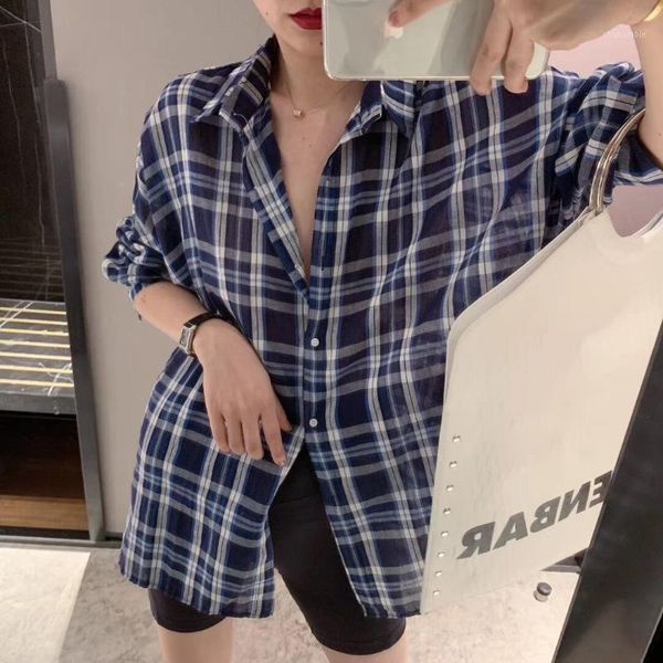 

thin sapphire plaid cotton shirt women's loose casual plaid sunscreen clothes women1, White