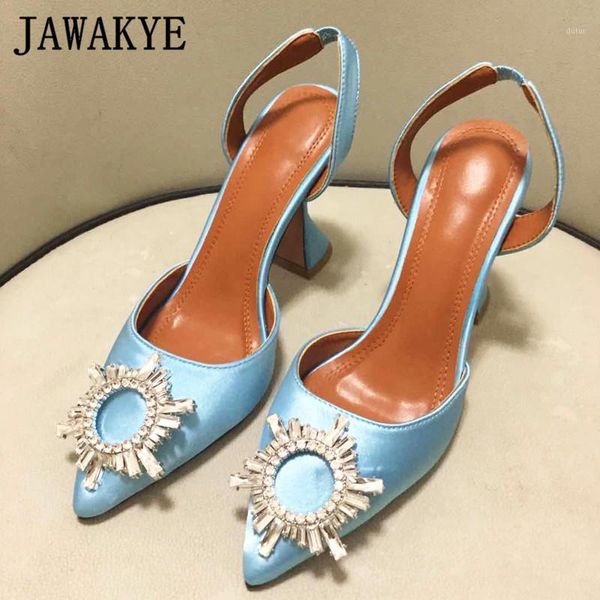 

crystal buckle party dress slingback pumps women sky blue satin strange high heel sandals pointed toe wedding shoes woman1, Black