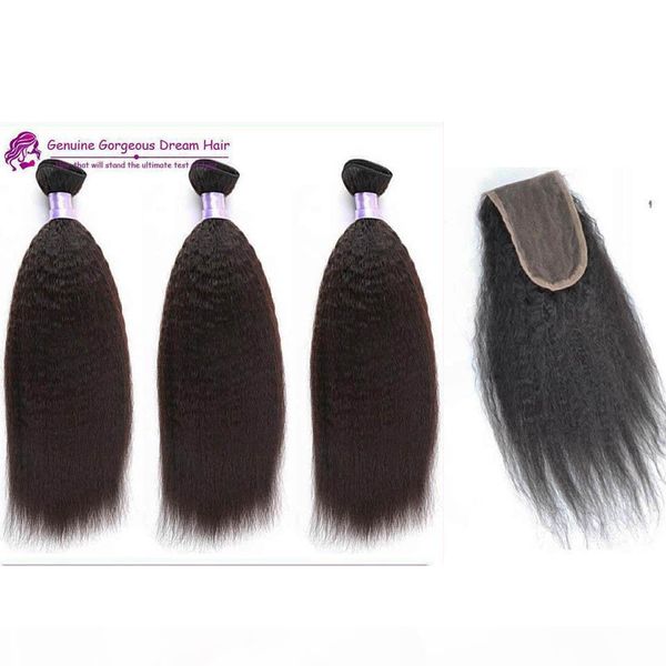 

kinky straight malaysian virgin hair with lace frontal 3 bundles human hair weaves with ear to ear lace closure coarse yaki extensions, Black