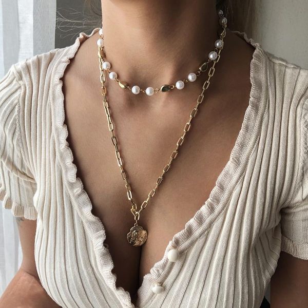 

chains phyanic 2021 elegant simulated pearl choker necklaces for women gold chain carved coin pendant long jewelry accessories, Silver