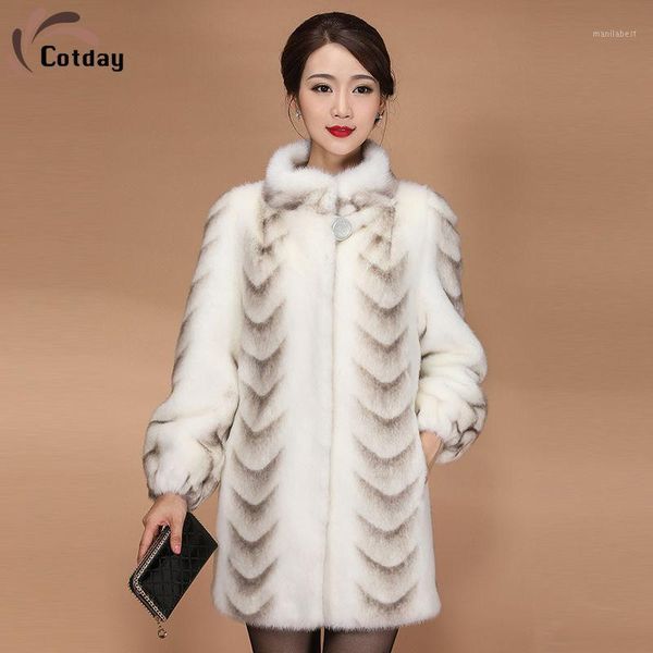 

cotday long faux fur mink coat 2021 fashion mother's clothing temperament celebrity white standing collar warm mink women coat1, Black