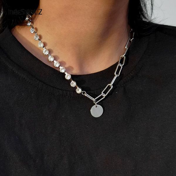 

ingesight.z stainless steel rhinestone choker necklace collar simple minimalist round circle sequins pendant necklaces jewelry, Silver