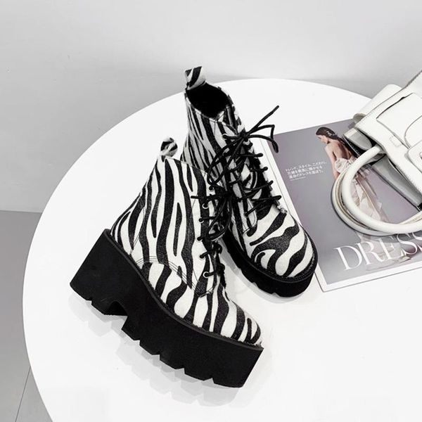 

boussac zebra pattern lace up platform women's boots chunky heel ankle for women round toe swe0787, Black