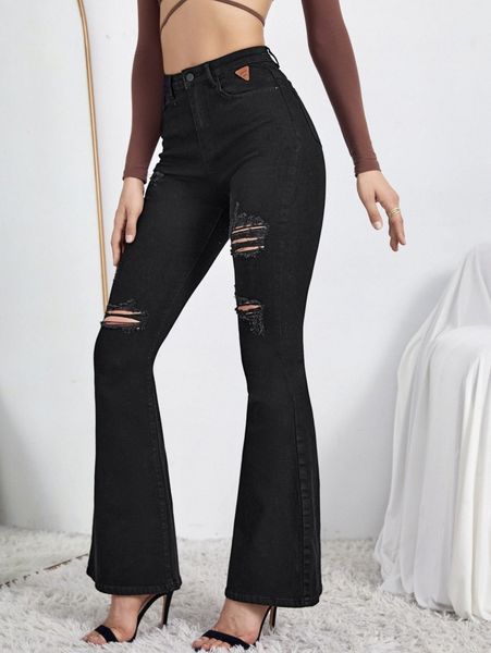 

high waist ripped flare leg jeans 43qm#, Blue
