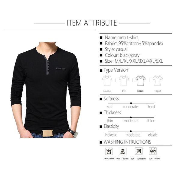 

tfetters autumn casual t shirt men henry collar solid color slim fit long sleeve t shirt cotton plus sizes m-5xl &tees 201203, White;black