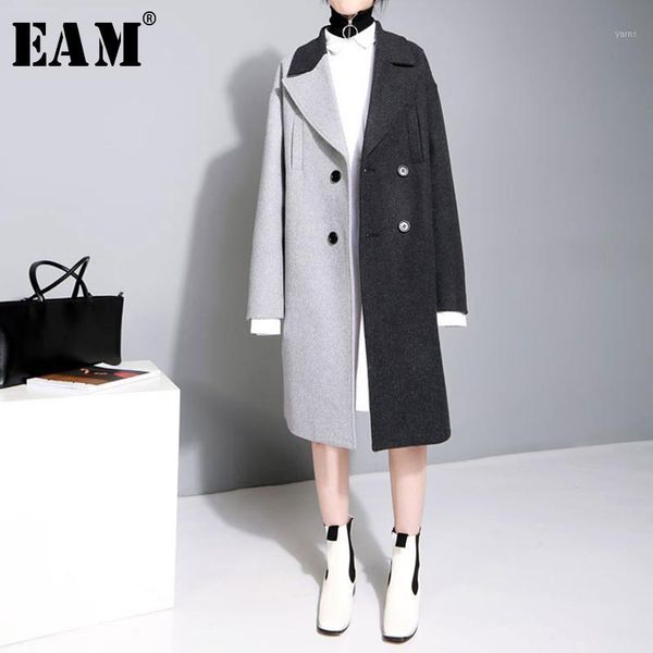 

eam] 2020 new spring lapel long sleeve solid color black gray split joint loose big size jacket women fashion jc9691
