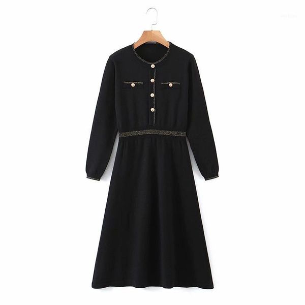 

summer new women small fragrance temperament waist slimming round neck long sleeve female knitted dress1, Black;gray