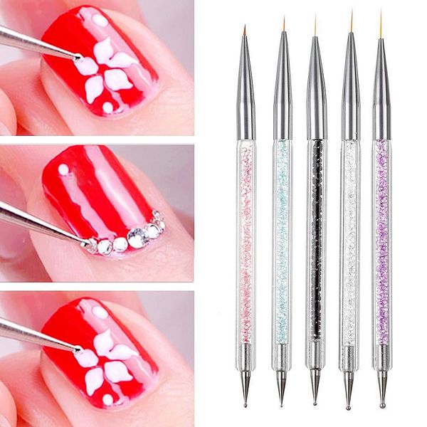 

5pcs/set nail art pen 2 in 1 double ends dotting drawing painting uv gel liner polish brush set nail arts tools, Silver