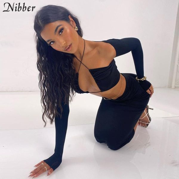 

nibber 2021summer solid color hollow long sleeve backless camisole elegant midi skirt 2 two piece sets womens, Gray