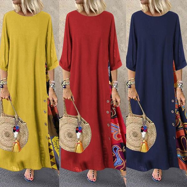 

plus size women summer vintage o neck 3/4 sleeve side buttons printed loose long lady es vestidos, Black;gray