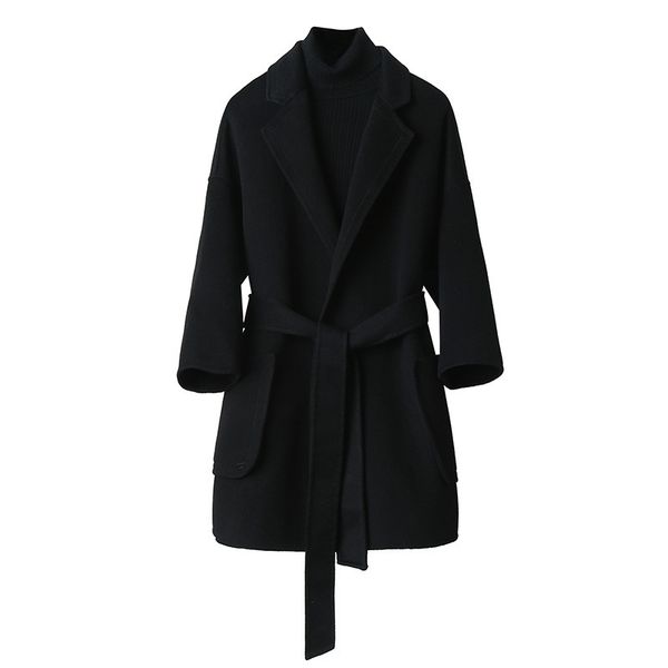 

outono e inverno nova verso coreana do popular pouco solto cintura casaco de l meninas seo longa, Black