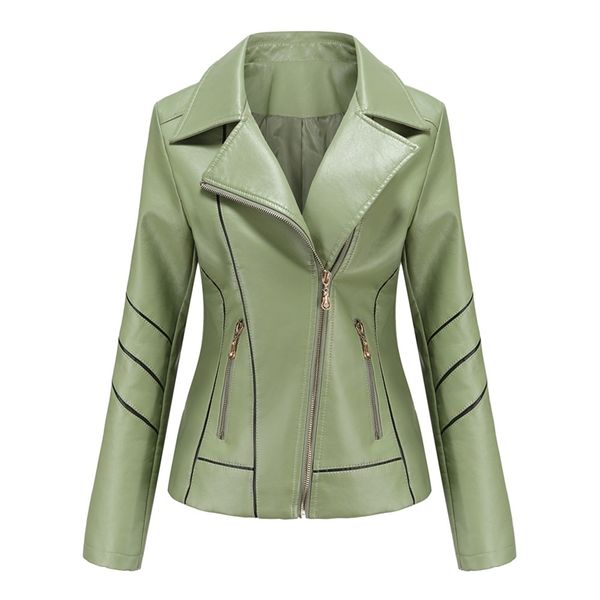 Senfgrüne Frühlings-Herbst-Umlegekragen-Schwarz-Lederjacke Elegante Kunstlederjacken Frauen Moto Biker PU-Outwear 201226