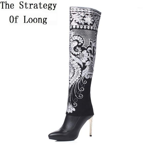 

boots women fashion short plush pointed toe genuine leather over the knee winter high heels pteris pattern lady boots1, Black