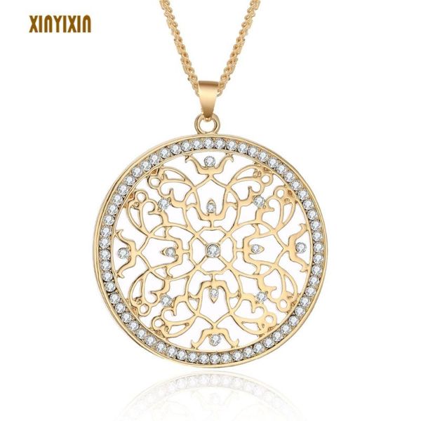 

pendant necklaces big round crystal hollow pattern necklace for women vintage gold color multi layers long mother gift collar femenino, Silver