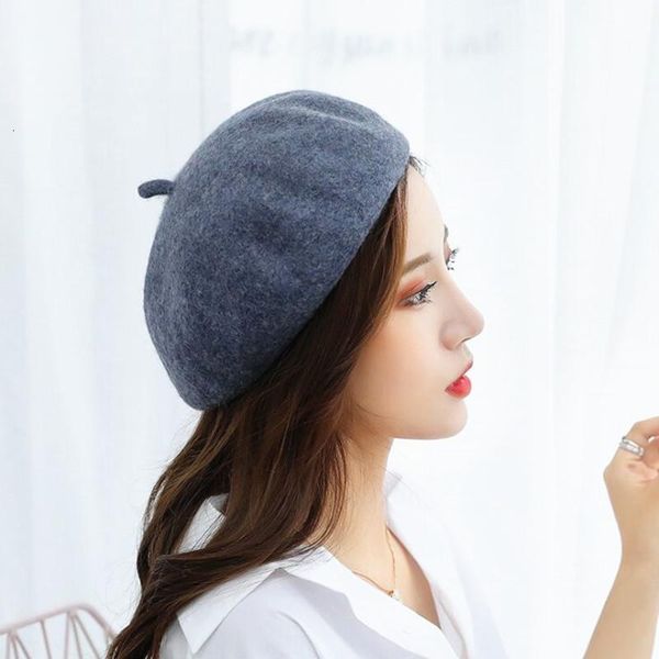 

new winter thick warm wool berets caps women casual trip round artisht hats artist pumpkin french hats gorros, Blue;gray