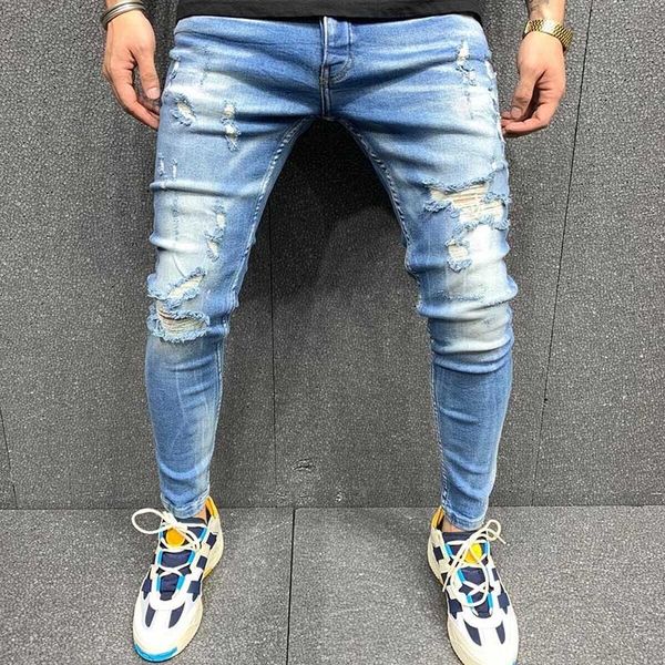 

brand new men ripped jeans mens holes jeans fashion men denim jeans slim straight pants trend mens pants, Blue
