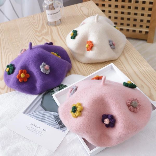 

autumn winter warm parent child solid color cute children wool flower kids beret hats for women female zz-258, Black;white