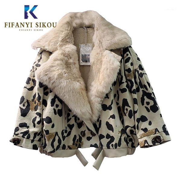 

women's fur & faux winter coat women natural collar leopard lambswool luxury short jacket thick warm overcoat1, Black