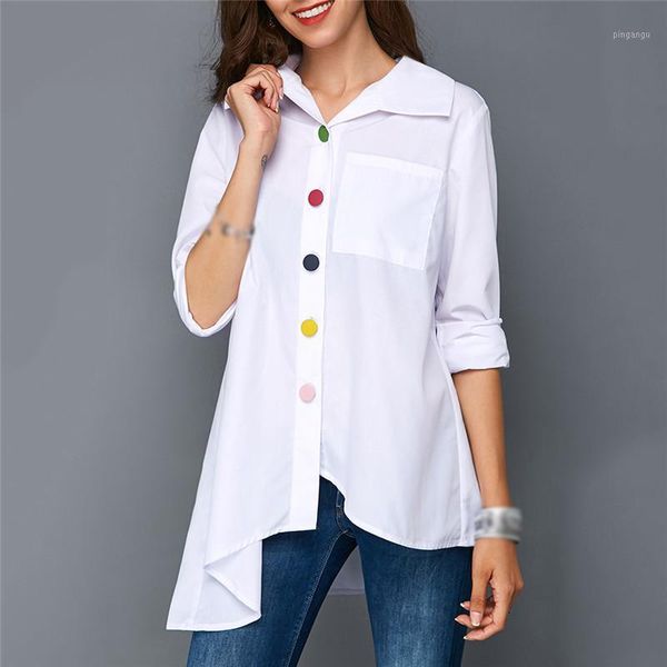 

plus size women's white shirt colorful button irregular women's blouse long sleeve autumn tunic fashion woman blouses 20201