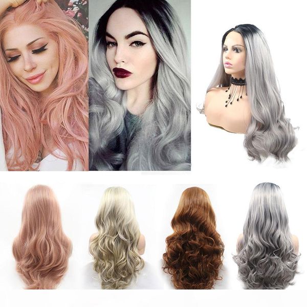 

ombre grey lace front wig with black roots long wavy synthetic wigs for women silver gray heat resistant synthetic lace wigs 24inches