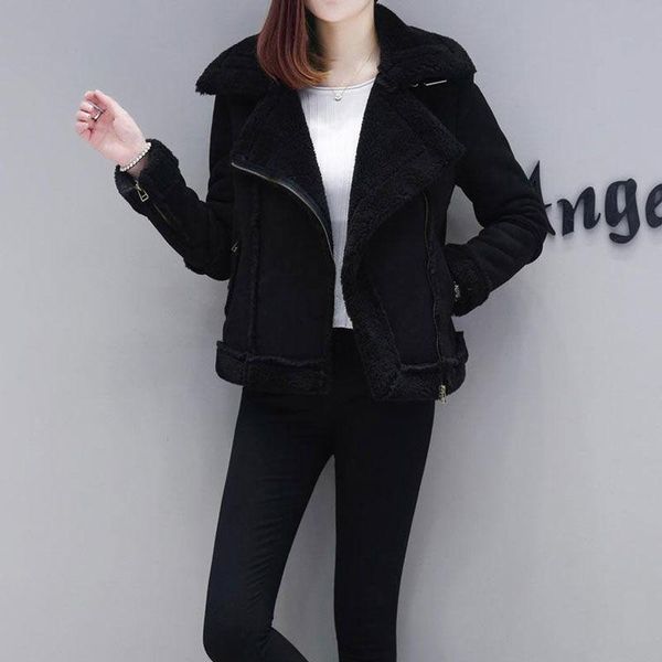 

women 2021 autumn winter leather jacket female faux lamb wool turn-down fur collar long sleeve keep warm thick coat outwear g746, Black